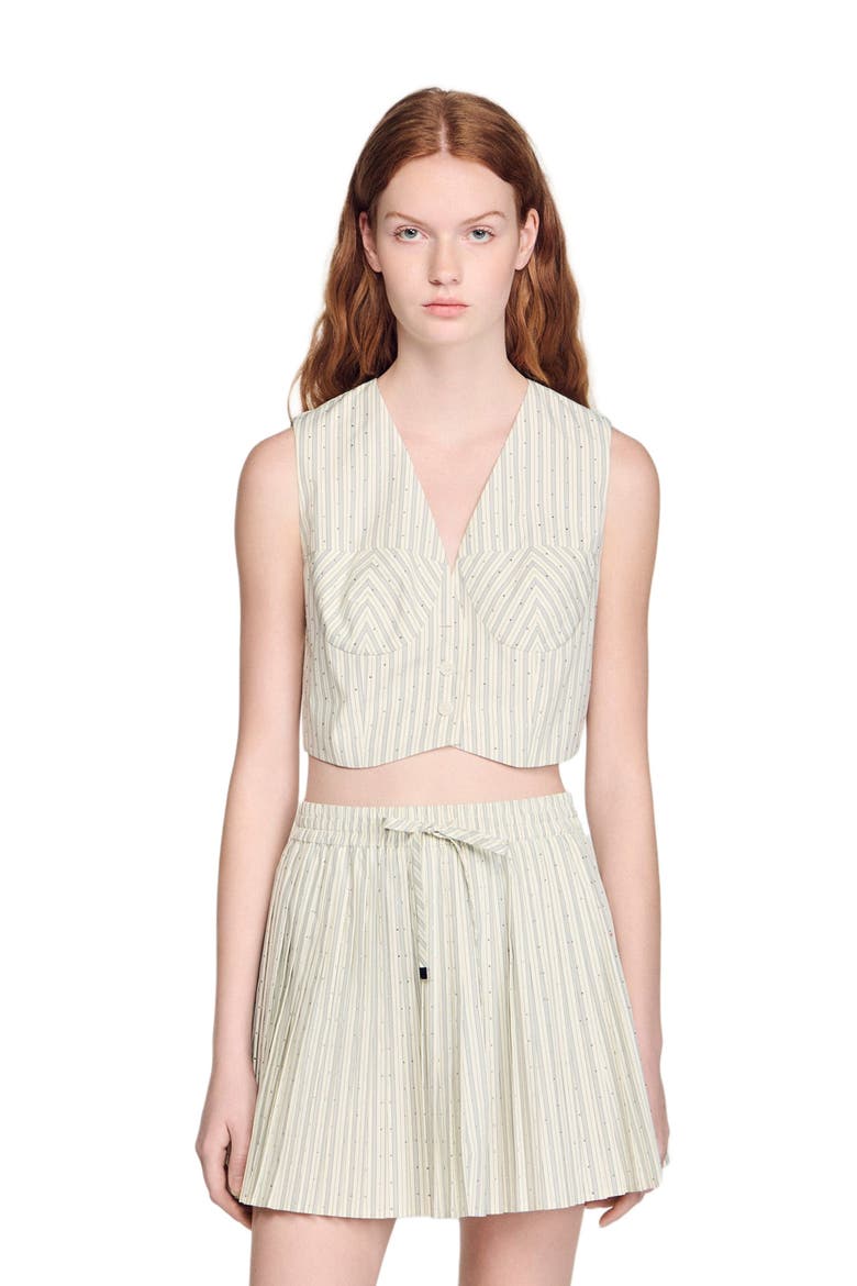 Striped rhinestone crop top, Main, color, Ecru