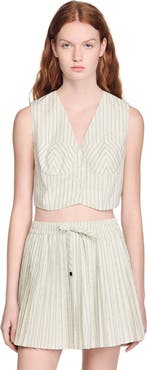 SANDRO Striped rhinestone crop top