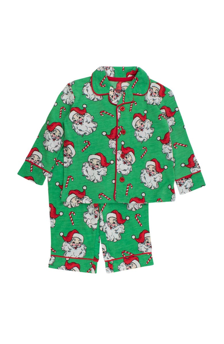 RuffleButts Gender Inclusive Button Up Pajama Set, Main, color, Green Santa Joy