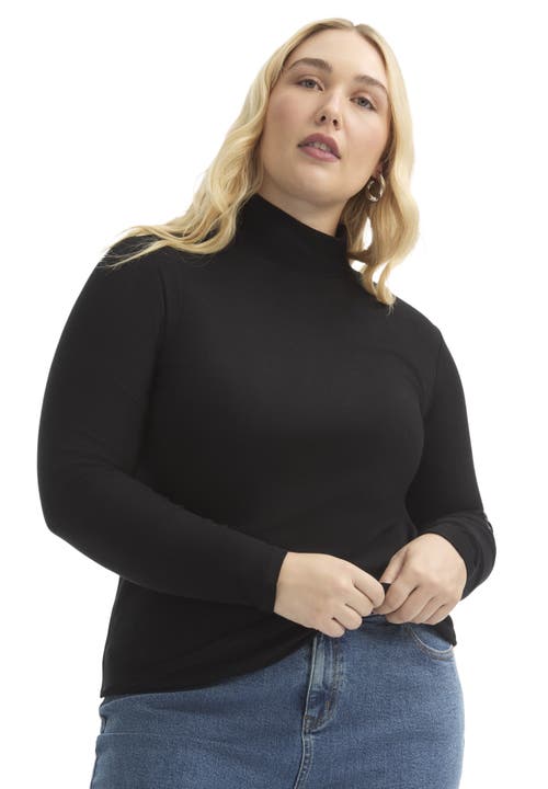 June + Vie Ribbed Mock Neck Top In Black