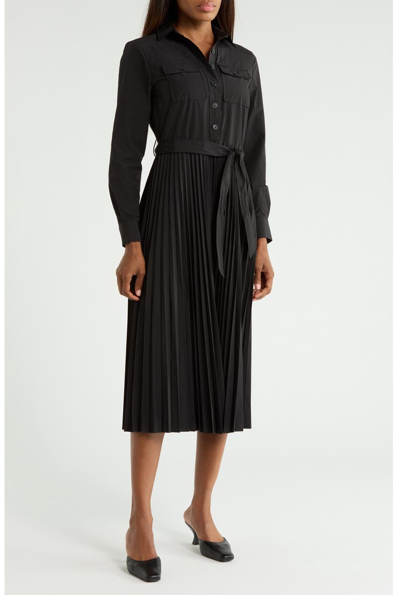 Kenza Pleated Long Sleeve Shirtdress, Main, color, BLACK