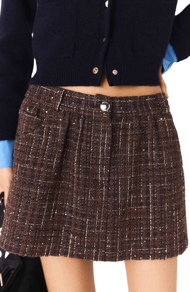 maje Tweed shorts with elasticated waistband, Alternate, color, Brown