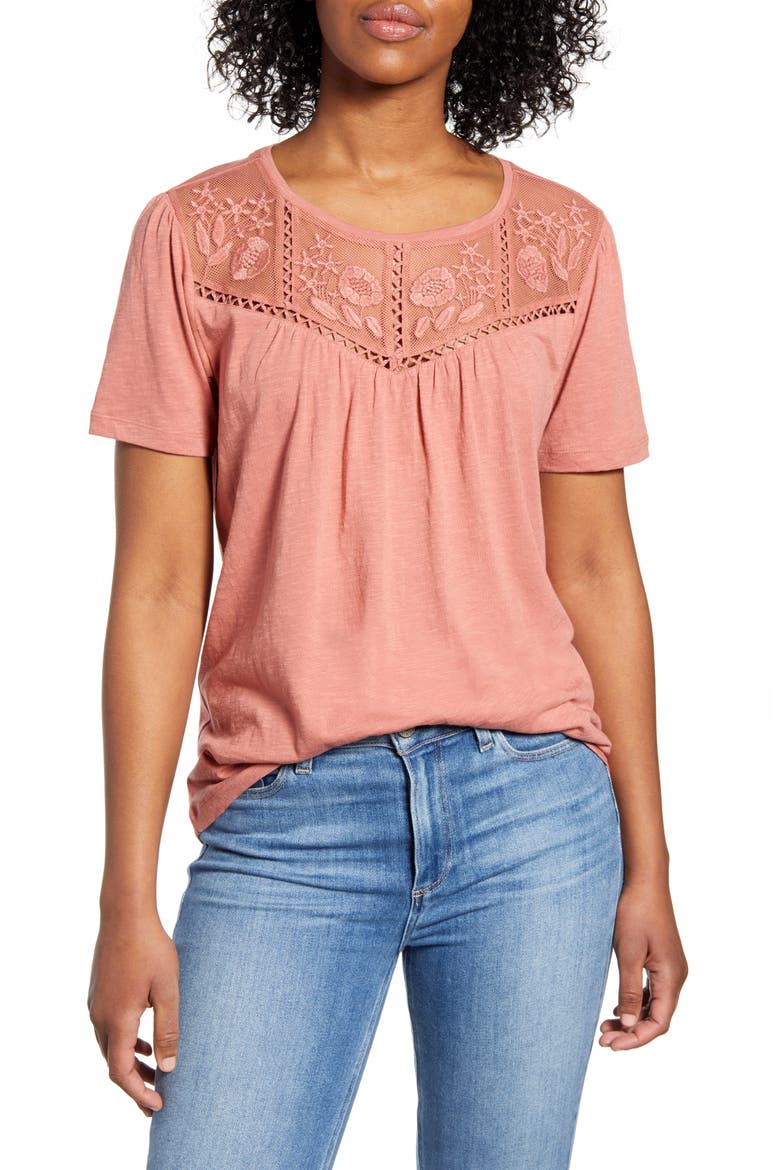 Embroidered Yoke Tee, Main, color, PINK CANYON