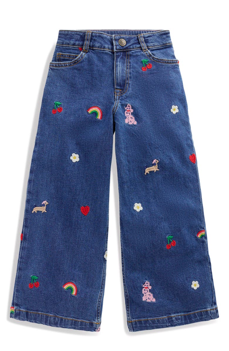 Mini Boden Kids' Embroidered Wide Leg Denim Jeans, Main, color, Parisien Denim Embroidery