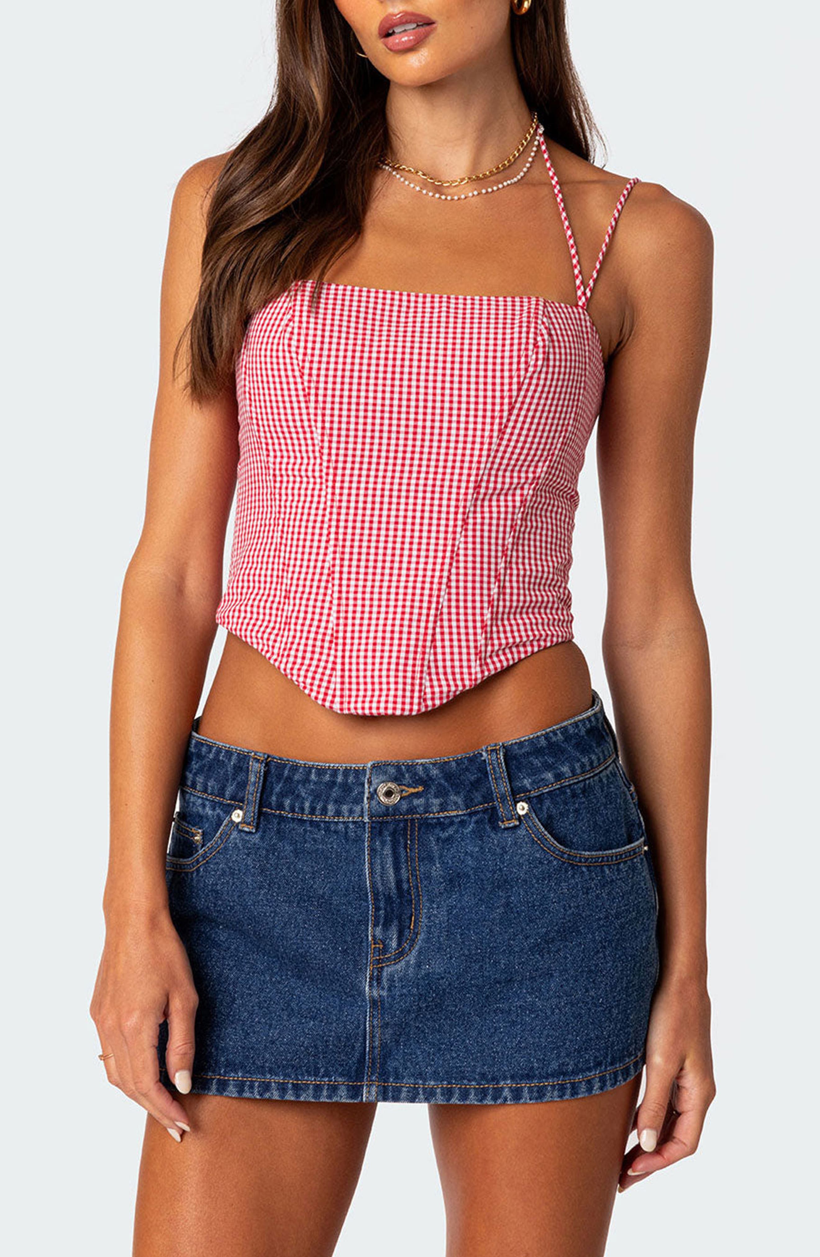 Pippa Gingham Lace-Up Back Corset Top