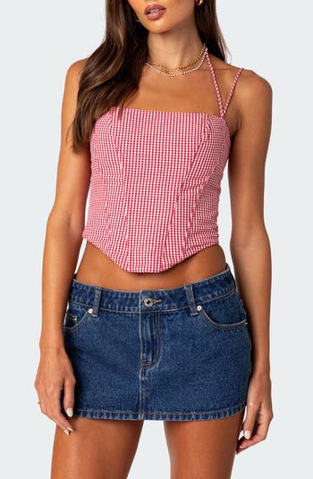 EDIKTED Pippa Gingham Lace-Up Back Corset Top | Nordstrom