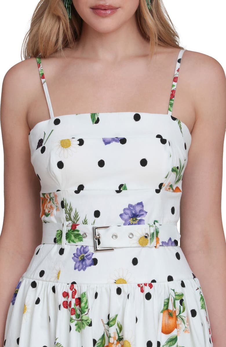 Avec Les Filles Fruit Florals & Polka Dot Belted Drop Waist Midi Dress, Alternate, color, White Scattered Bota