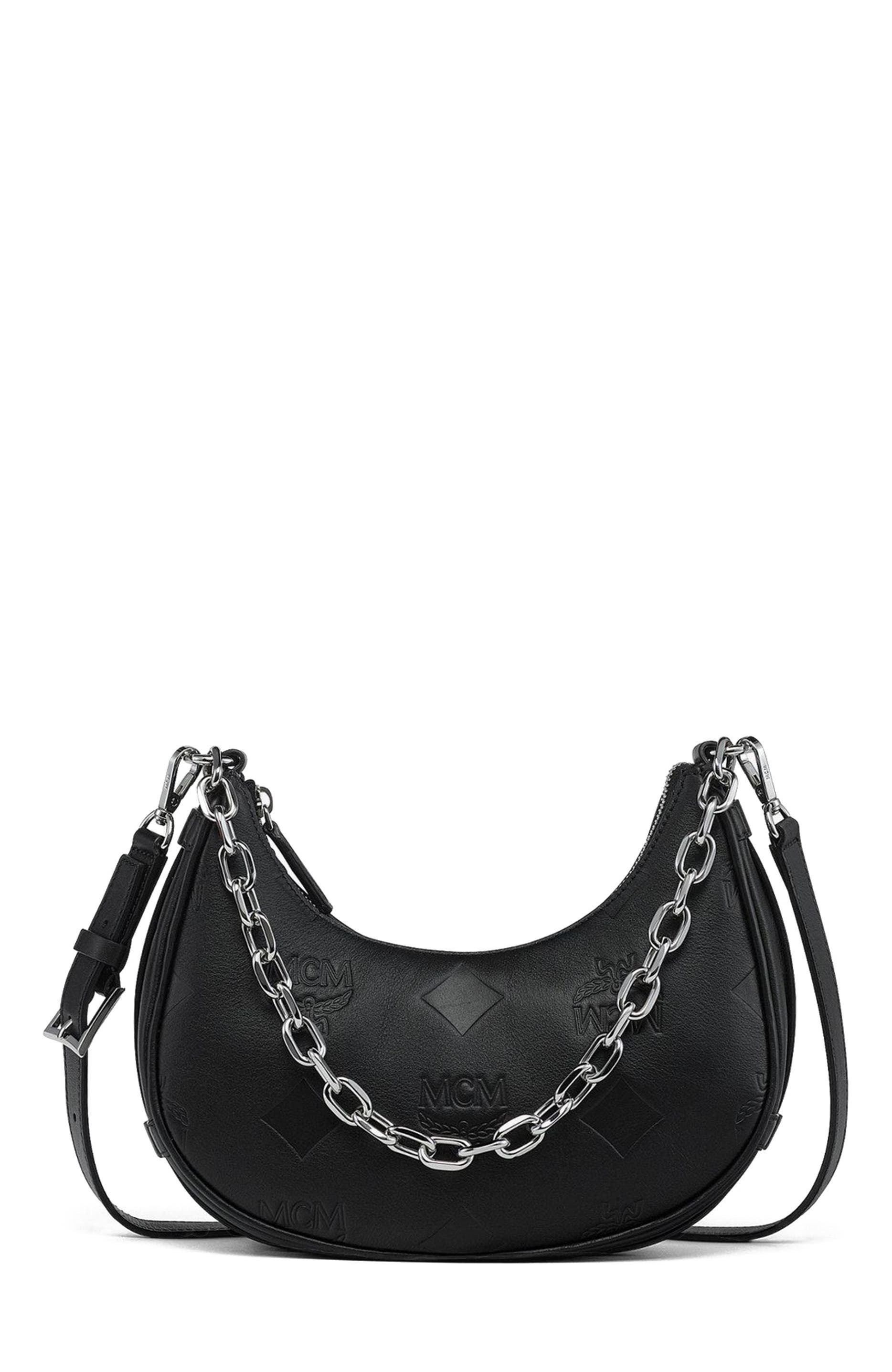 MCM Aren Crescent Hobo Bag in Maxi Monogram Leather, Alternate, color, Black