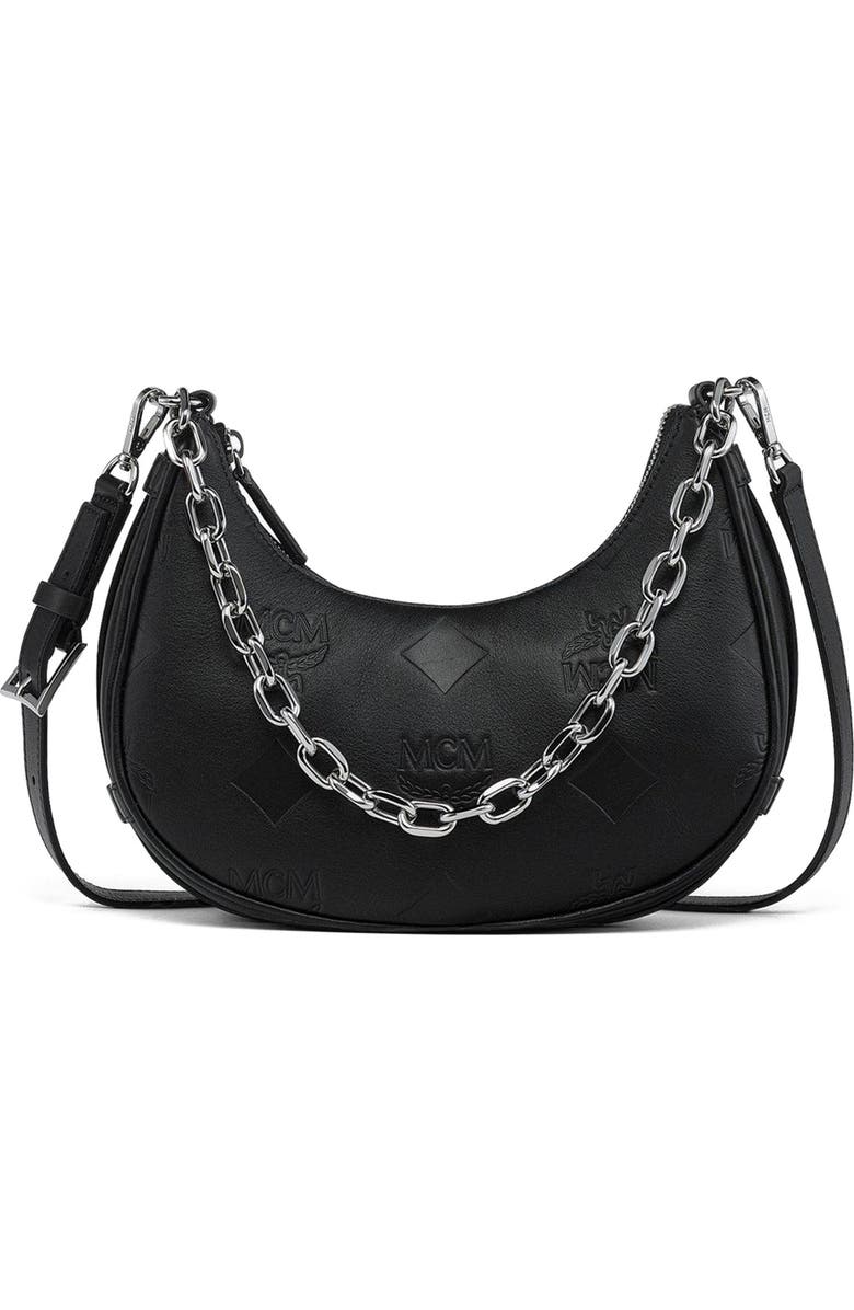 MCM Aren Crescent Hobo Bag in Maxi Monogram Leather, Alternate, color, Black