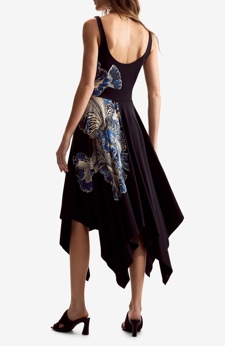 Desigual Placement Print Handkerchief Hem Stretch Cotton Dress, Alternate, color, Black