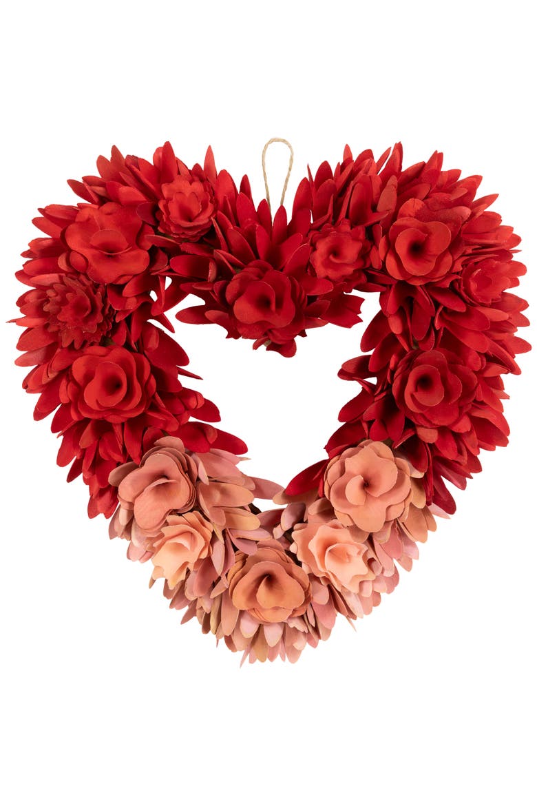 Wooden Rose Artificial Valentine's Day Floral Wreath - 14" - Red and Pink, Main, color, Red