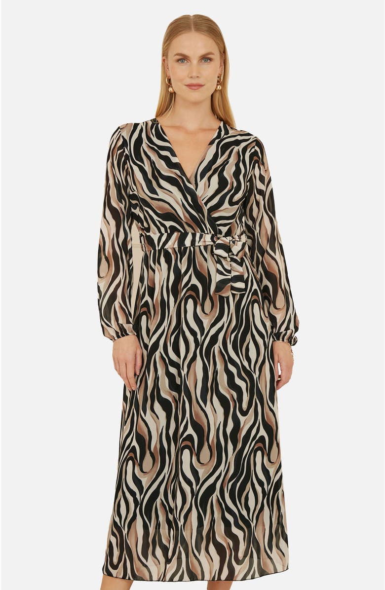 Yumi Animal Swirl Midi Wrap Dress, Alternate, color, Black