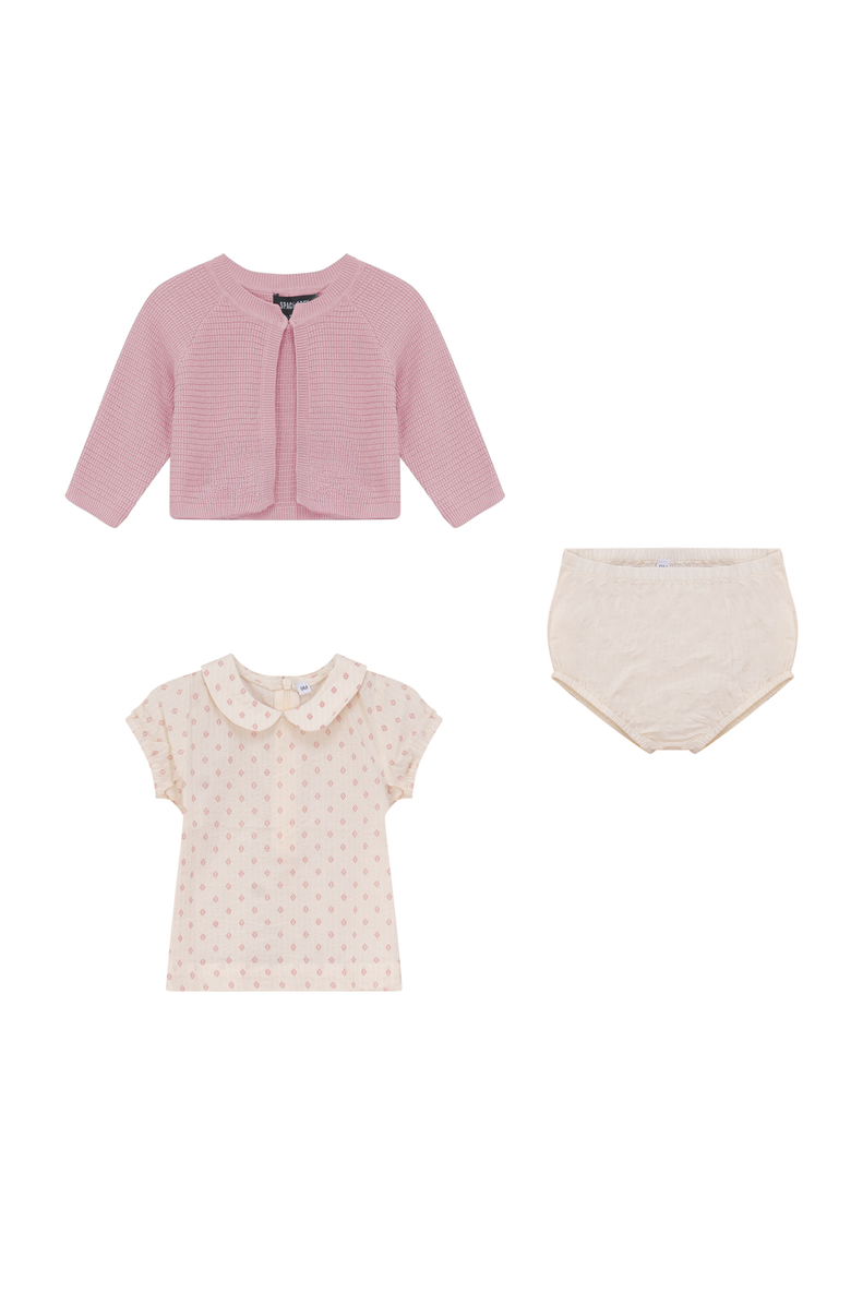 Space Grey Printed Gauze Three Piece Short Sleeve Top, Cardigan and Bottoms Set, Main, color, Cream/Pink