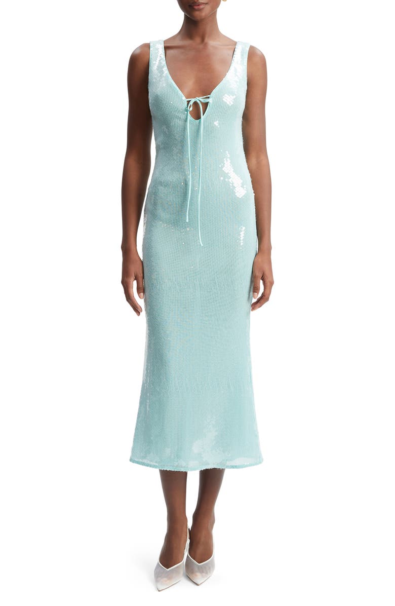 Bardot Isha Sequin Keyhole Cocktail Midi Dress, Main, color, Aqua