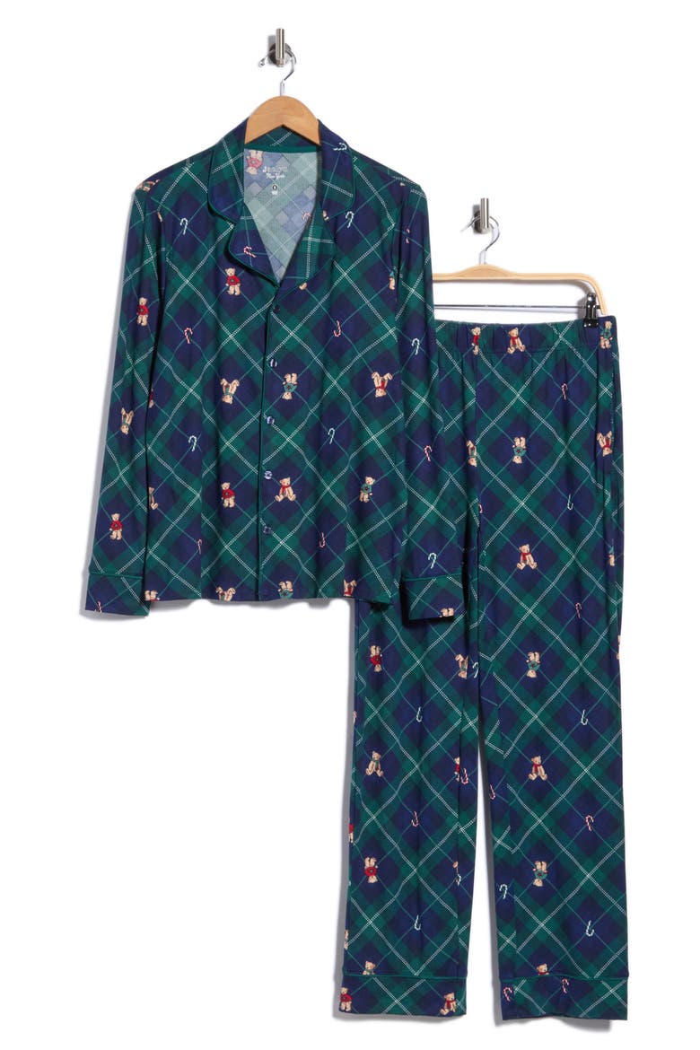 Notch Collar Long Pajamas, Main, color, NAVY BIAS BEAR PLAID