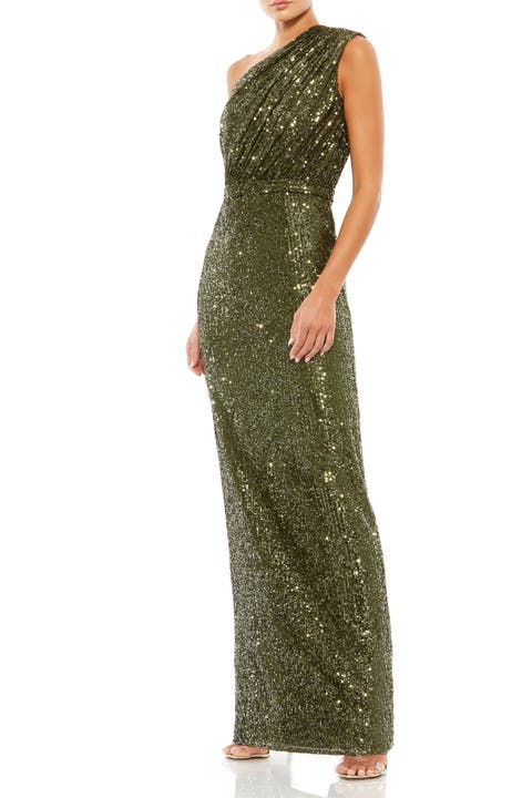 Petite One Shoulder Ruched Sequin Evening Gown