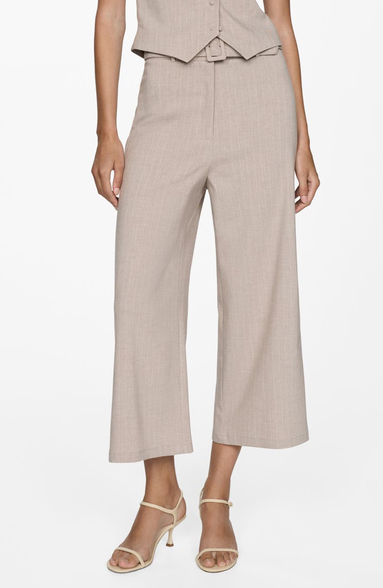 MANGO Chalk Stripe Belted Crop Wide Leg Pants, Main, color, Beige