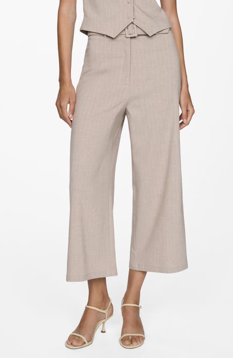 Chalk Stripe Belted Crop Wide Leg Pants