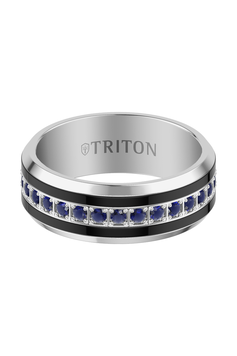 8MM Tungsten Carbide Sapphire Eternity Ring with Satin Bright Finish and Bevel Edge, Alternate, color, Blue