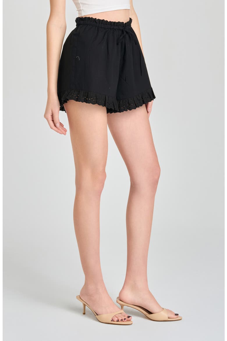 Helena Eyelet Ruffle Stretch Cotton Shorts, Alternate, color, BLACK