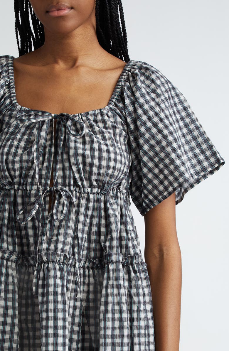 Ganni Check Seersucker Tiered Minidress, Alternate, color,