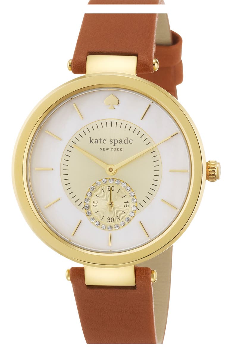 'perry' crystal accent leather strap watch, 38mm, Alternate, color, BROWN