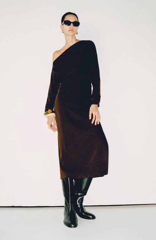 Mango One-shoulder Long Sleeve Crepe Maxi Dress In Brown