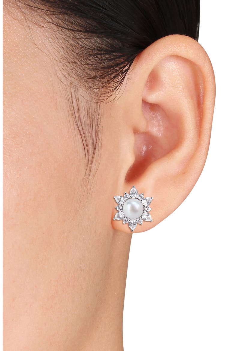 Cultured Pearl & Lab Grown White Sapphire Halo Stud Earrings, Alternate, color, WHITE