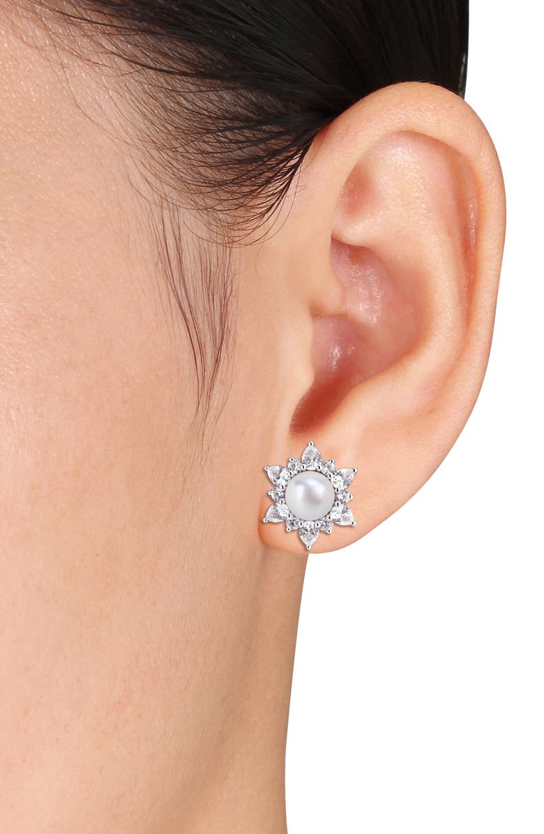DELMAR Cultured Pearl & Lab Grown White Sapphire Halo Stud Earrings, Alternate, color, 