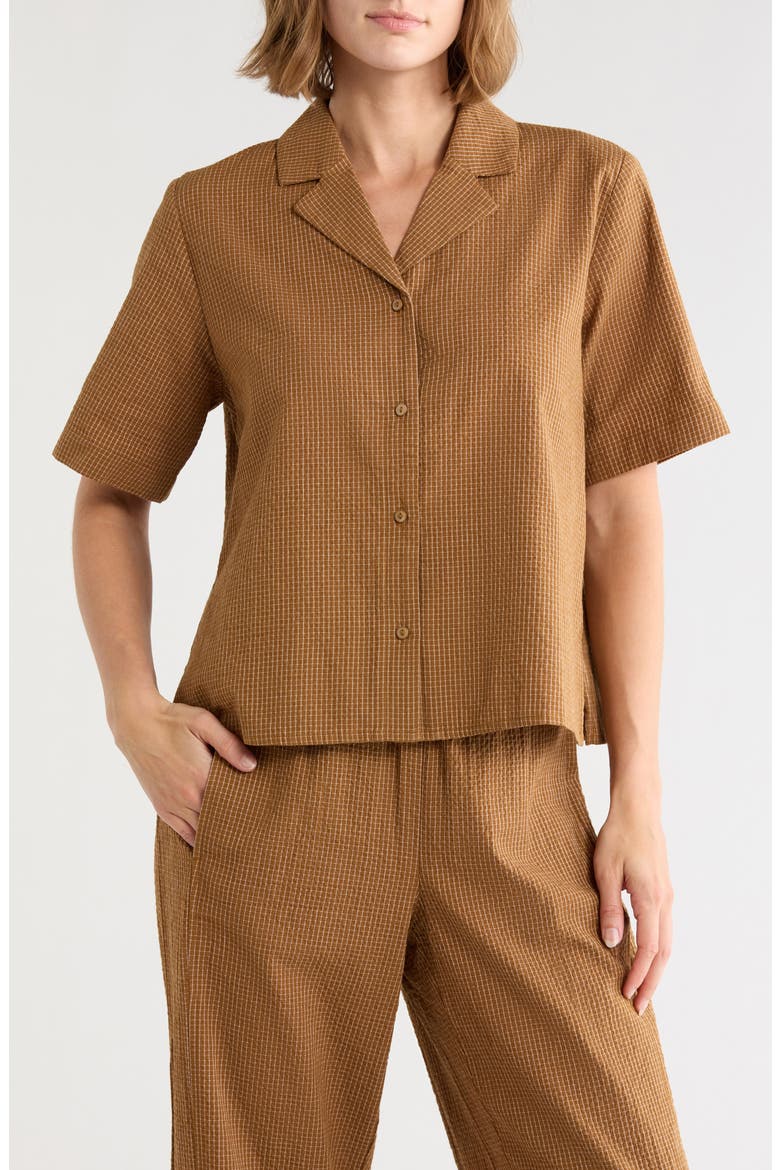 Mini Grid Print Camp Shirt, Main, color, BRONZE