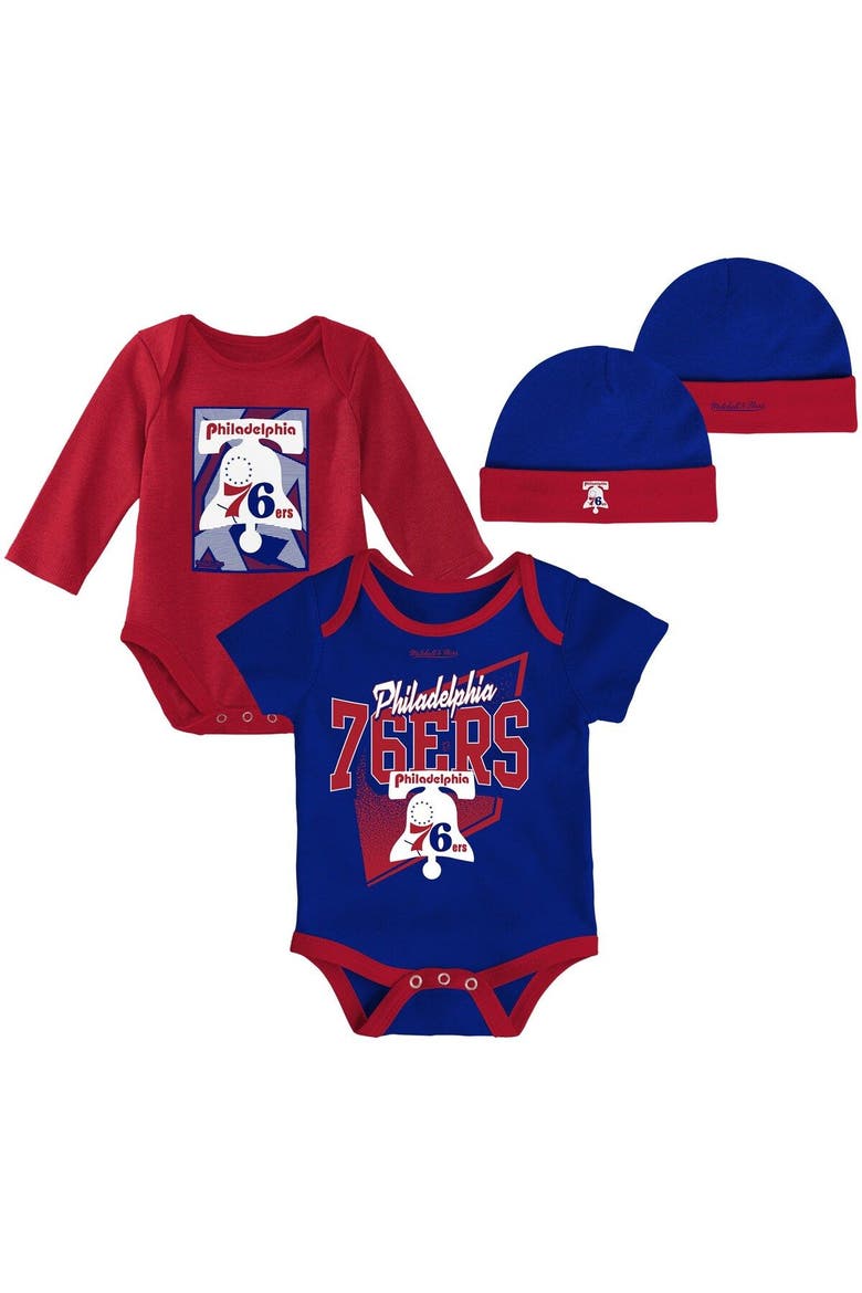 Infant Mitchell & Ness Royal/Red Philadelphia 76ers Hardwood Classics Bodysuits & Cuffed Knit Hat Set, Main, color, Royal