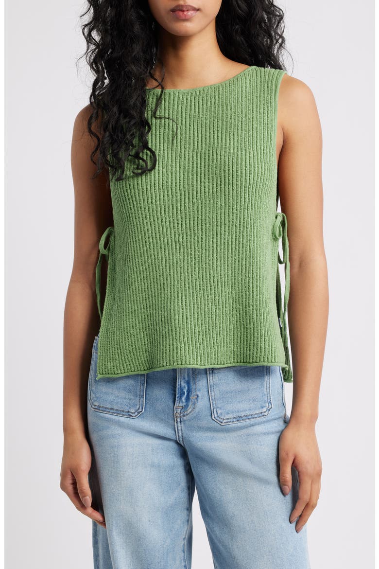 Lizzie Rib Side Tie Sleeveless Cotton & Linen Blend Sweater, Main, color, GREEN EYES