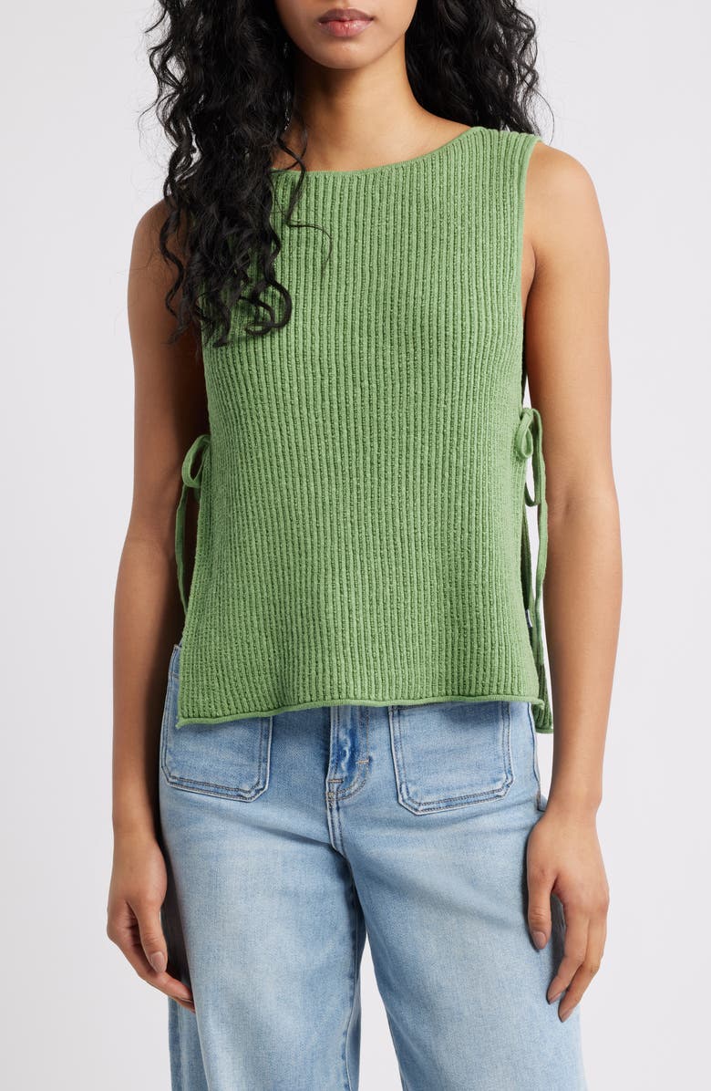 Free People Lizzie Rib Side Tie Sleeveless Cotton & Linen Blend Sweater, Main, color, Green Eyes