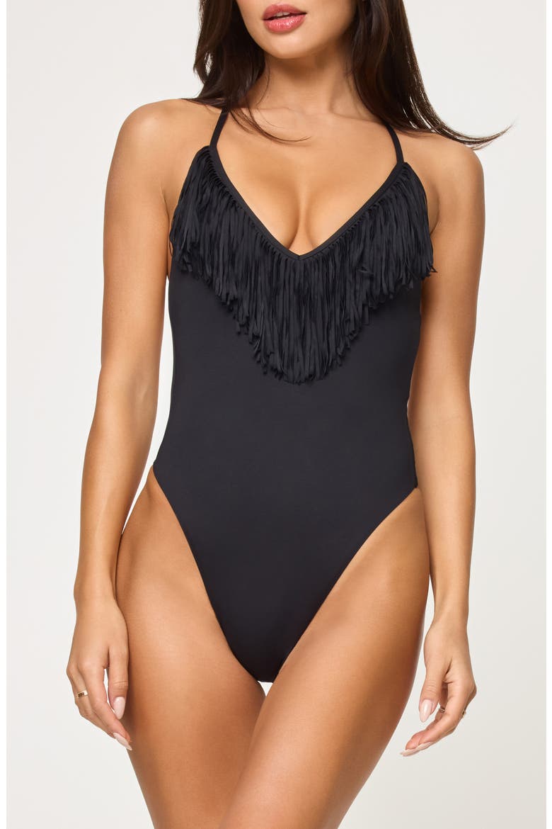 Deert Days Fringe One-Piece Swimsuit, Main, color, BLACK