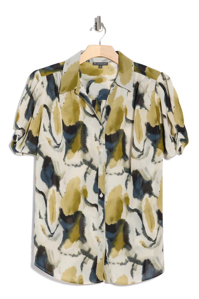 Scrunched Short Sleeve Button-Up Shirt, Alternate, color, OLIVE WATERCOLOR GEODE