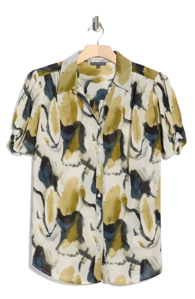 Adrianna Papell Scrunched Short Sleeve Button-Up Shirt, Alternate, color, Olive Watercolor Geode