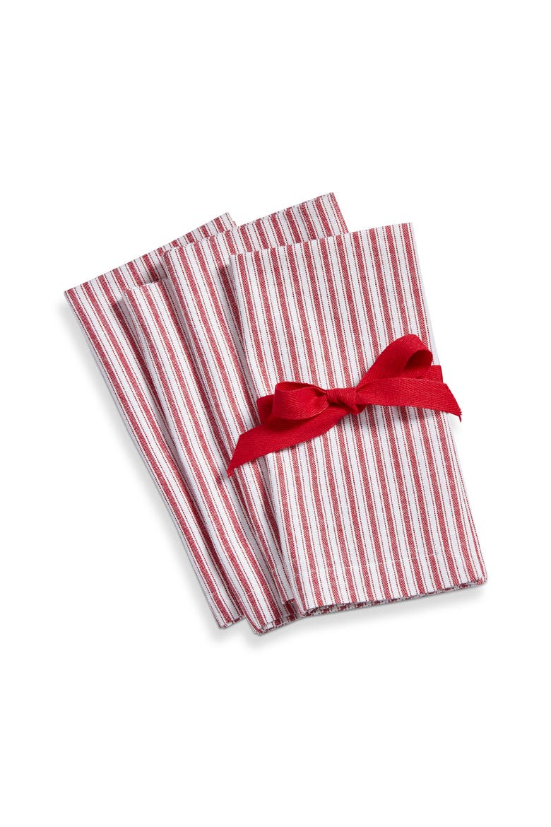 Red Ticking Stripe Cotton Napkins Set of 4 Machine Washable, Main, color, Red