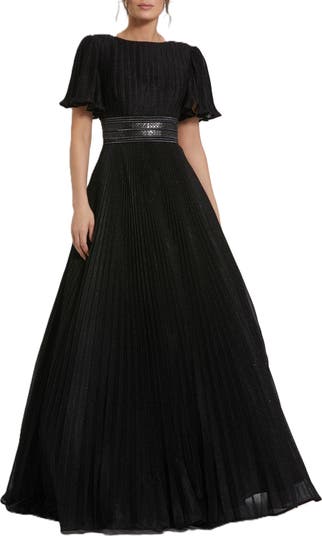 【MAC DUGGAL】フラッタースリーブのティーレングスドレス Mac Duggal Pleated Shimmering Georgette Flutter Sleeve Gown