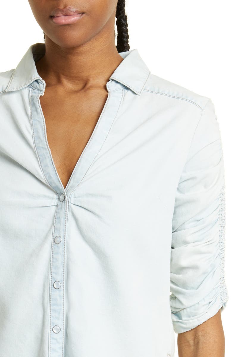 Veronica Beard Porta Shirred Sleeve Snap-Up Chambray Shirt, Alternate, color, 