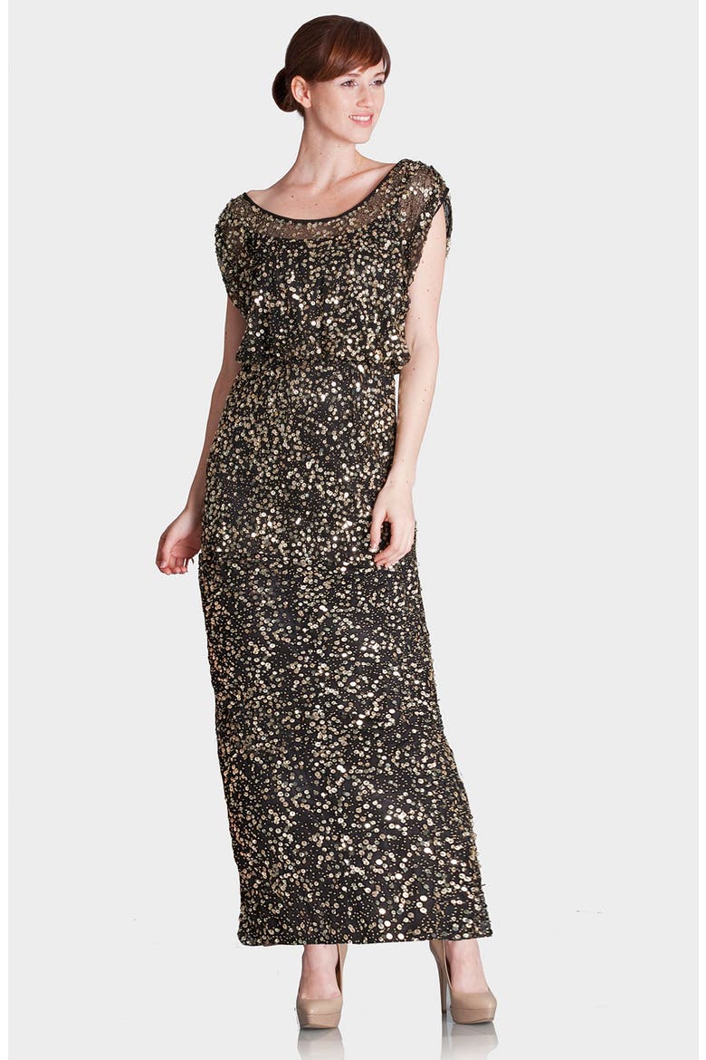 Blouson Bodice Sequin Mesh Gown, Main, color, BLACK/ GOLD