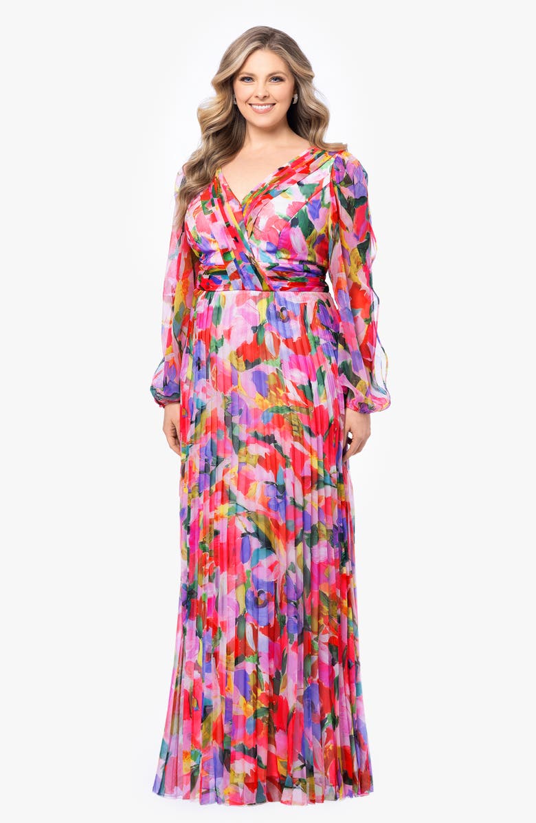 Betsy & Adam Pleated Long Sleeve Maxi Dress, Alternate, color,