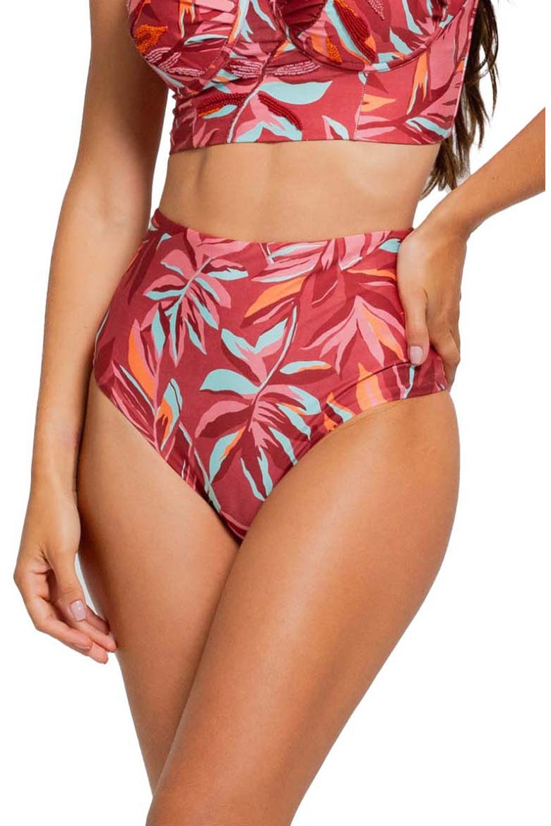 High Waist Bikini Bottoms, Main, color, BURGUNDY MULTI
