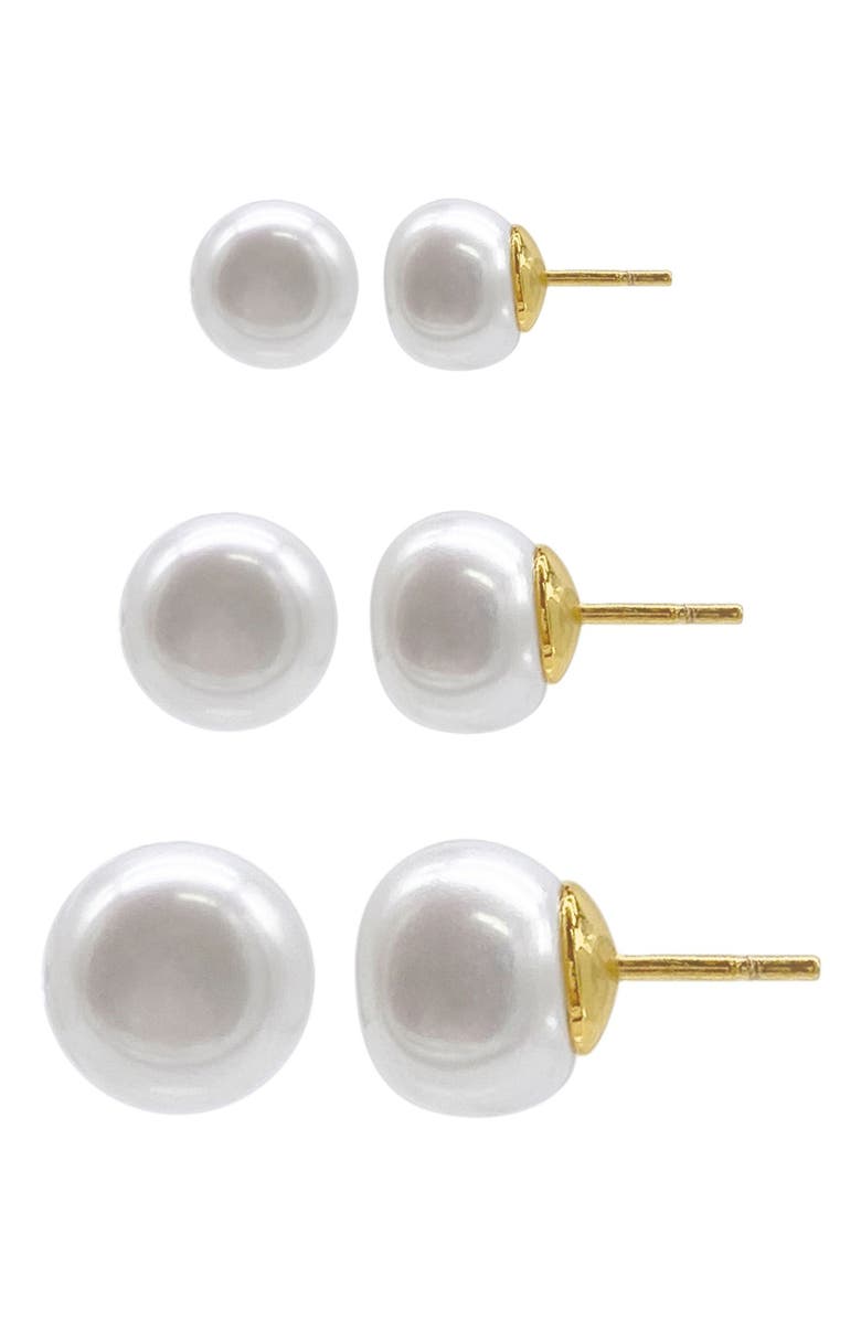 Adornia Set of 3 5mm, 8mm & 10mm Freshwater Pearl Stud Earrings, Main, color, White