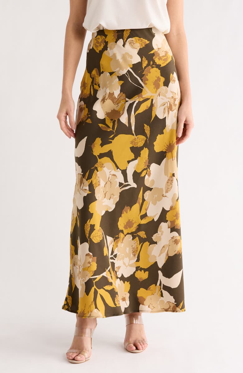 Renee C Floral Satin Maxi Skirt, Main, color, Olive
