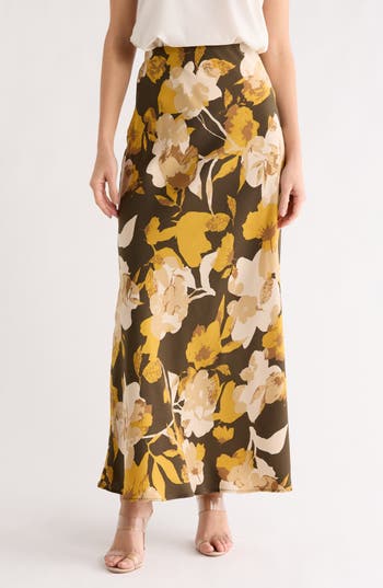 Renee C Floral Satin Maxi Skirt in Olive at Nordstrom Rack, Size Small