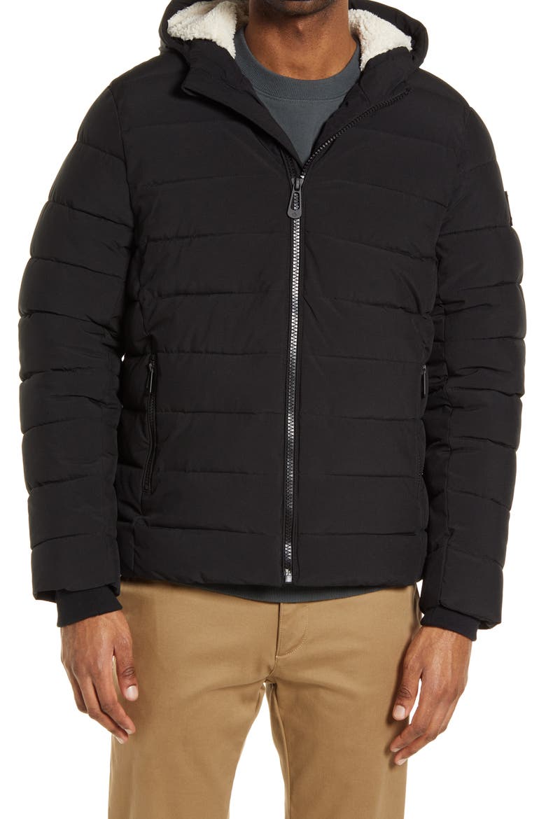 High Pile Fleece Lined Hooded Puffer Jacket, Alternate, color, BLACK