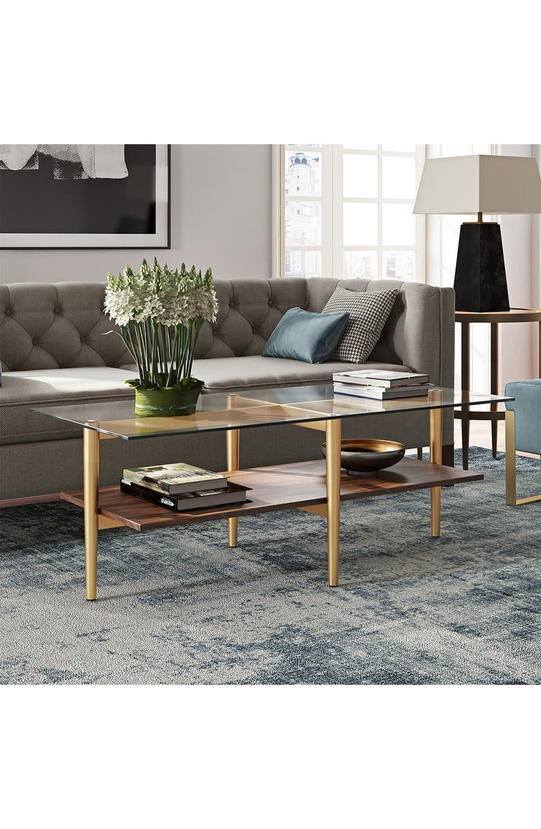 ADDISON AND LANE Otto 47" Brass Finish Coffee Table with Walnut Shelf, Alternate, color, 