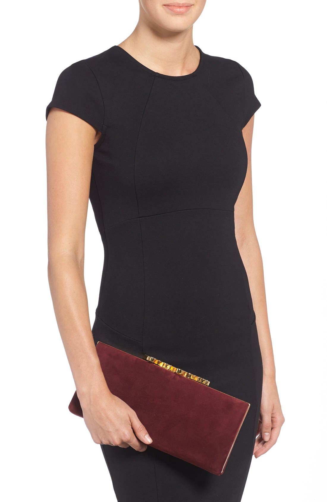 'Celeste' Logo Clasp Suede Clutch, Alternate, color, BORDEAUX