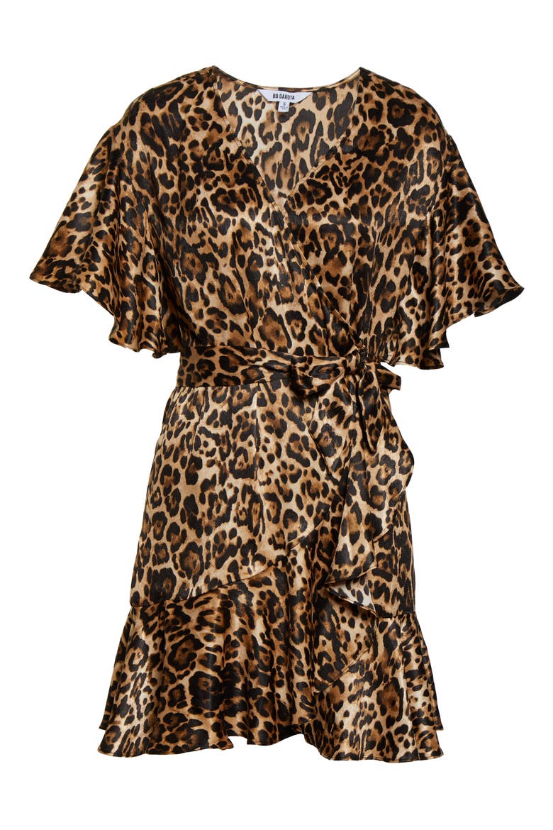 BB Dakota Leopard Print Satin Wrap Dress, Alternate, color, BROWN