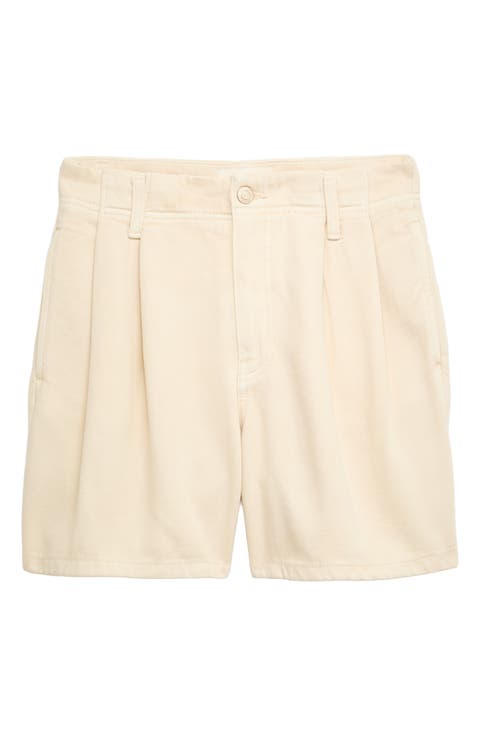 Pleated High Waist Cotton Blend Denim Shorts